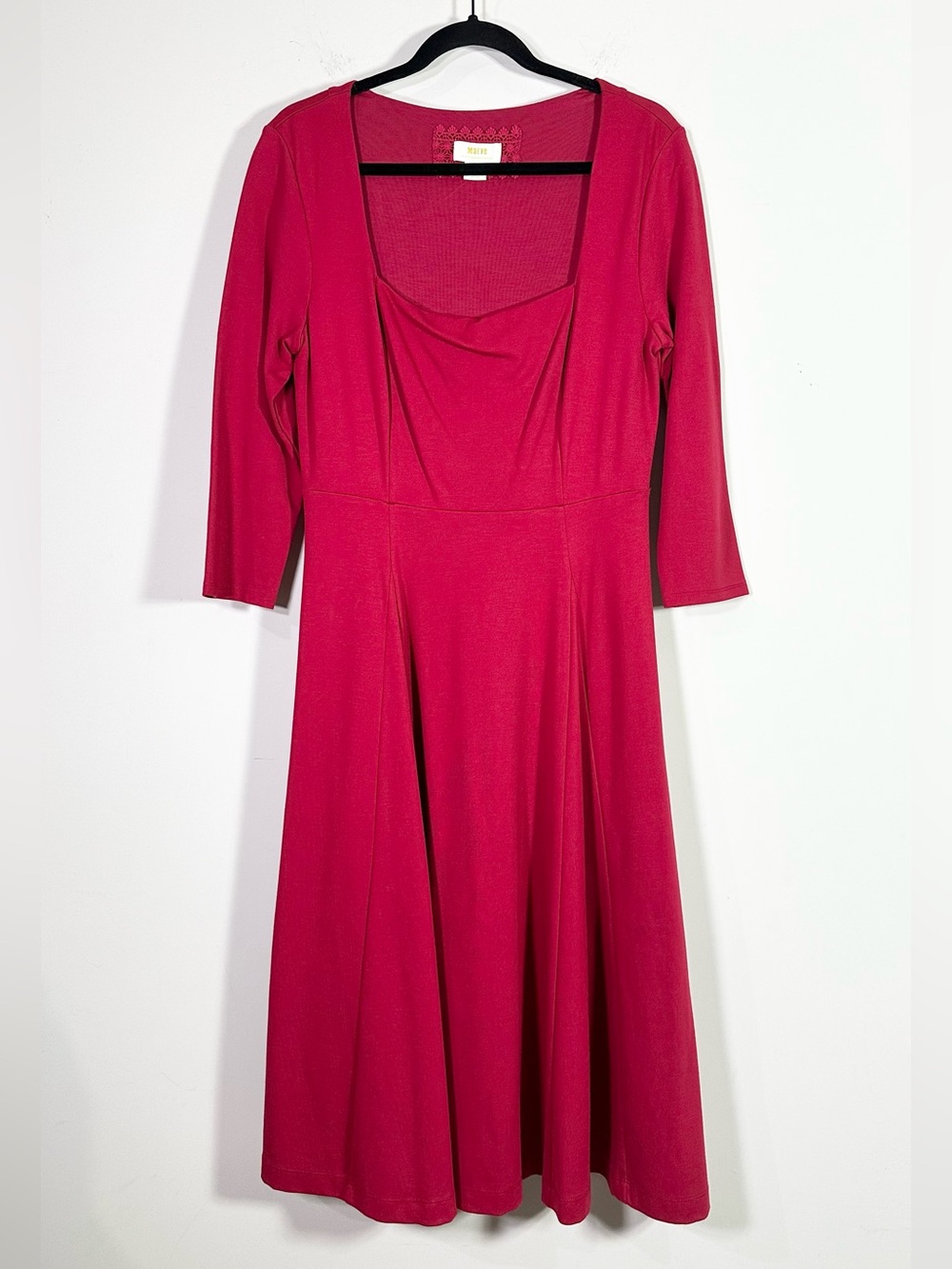 Maeve Anthropologie Red 3/4 Sleeve Square Neck Fit and Flare A-Line Midi Dress